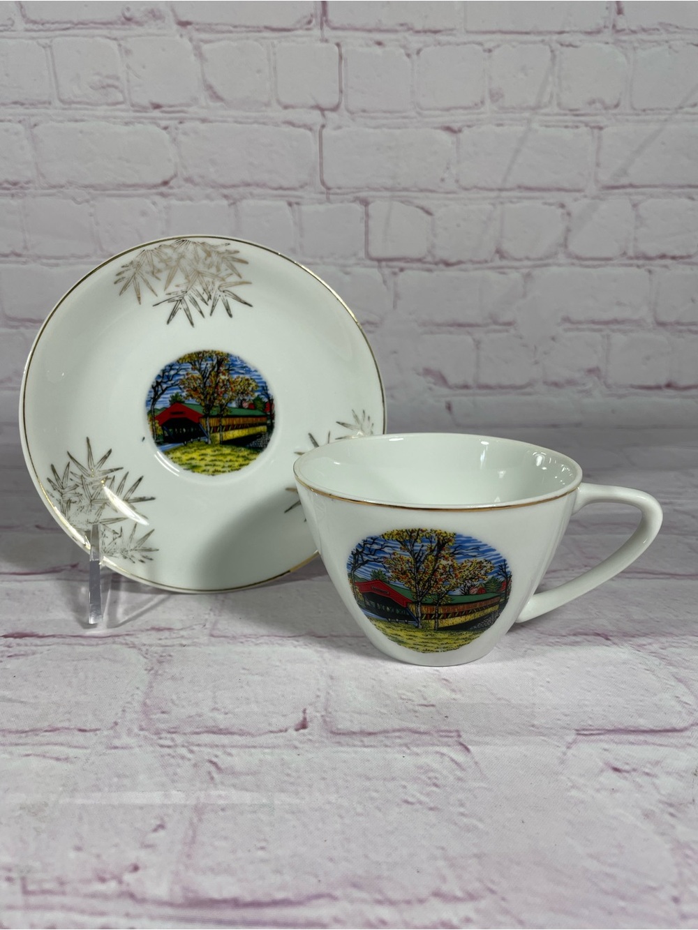 Vintage Covered Bridge And Bamboo Porcelain Teacup And Saucer Set Gold Trim
